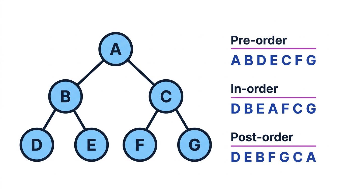 Binary tree with root A, children B and C, grandchildren D E F G, and the three traversal outputs listed beside it