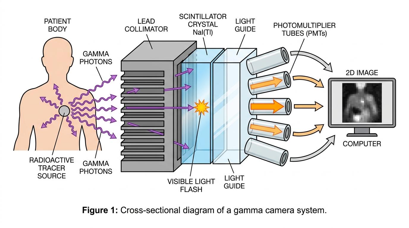 Cross-sectional diagram of a gamma camera showing a patient with a radioactive tracer, a lead collimator, a NaI(Tl) scintillator, a light guide, a photomultiplier tube array, and a computer building a 2D image