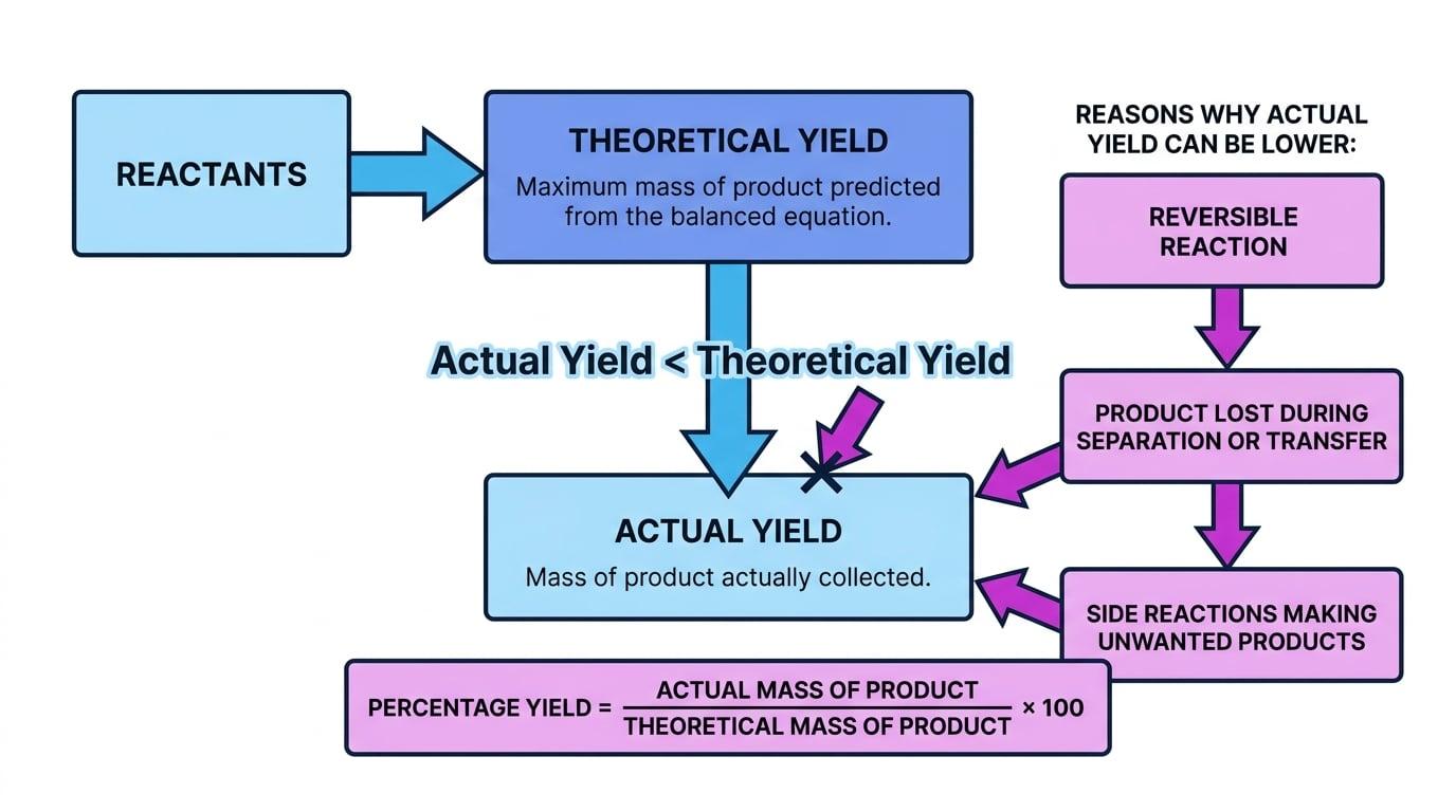 Flowchart comparing theoretical yield and actual yield, with reasons actual yield can be lower and the percentage yield formula