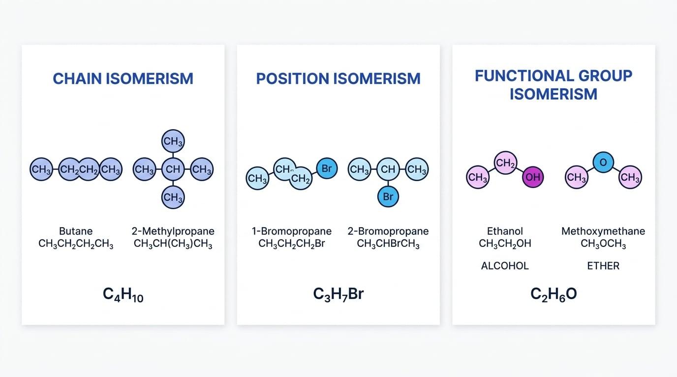 Examples of chain, position and functional group isomerism showing butane and 2-methylpropane, 1-bromopropane and 2-bromopropane, ethanol and methoxymethane