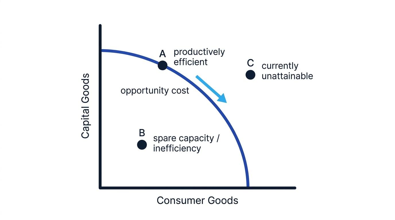 Production possibility frontier with consumer goods on the horizontal axis and capital goods on the vertical axis, showing point A on the frontier, point B inside, point C outside, and an arrow for opportunity cost