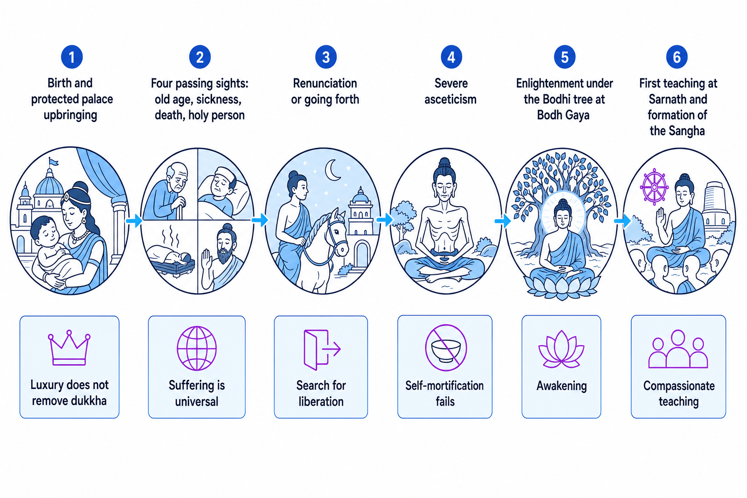Timeline of Siddhartha Gautama's journey from protected palace upbringing to enlightenment and teaching, with each stage labelled by its Buddhist significance