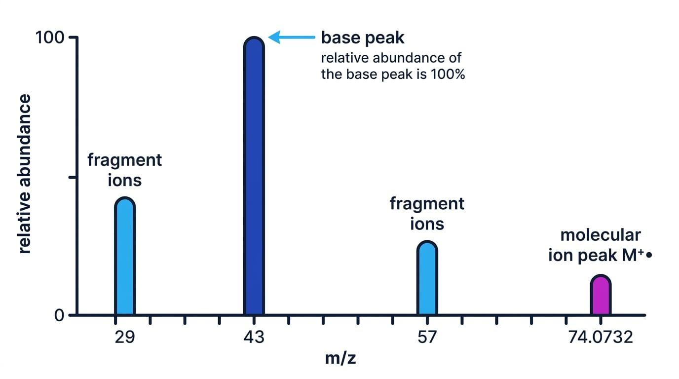 Mass spectrum with fragment peaks at 29 and 57, base peak at 43, and a molecular ion peak at 74.0732 labelled on axes of relative abundance and m/z
