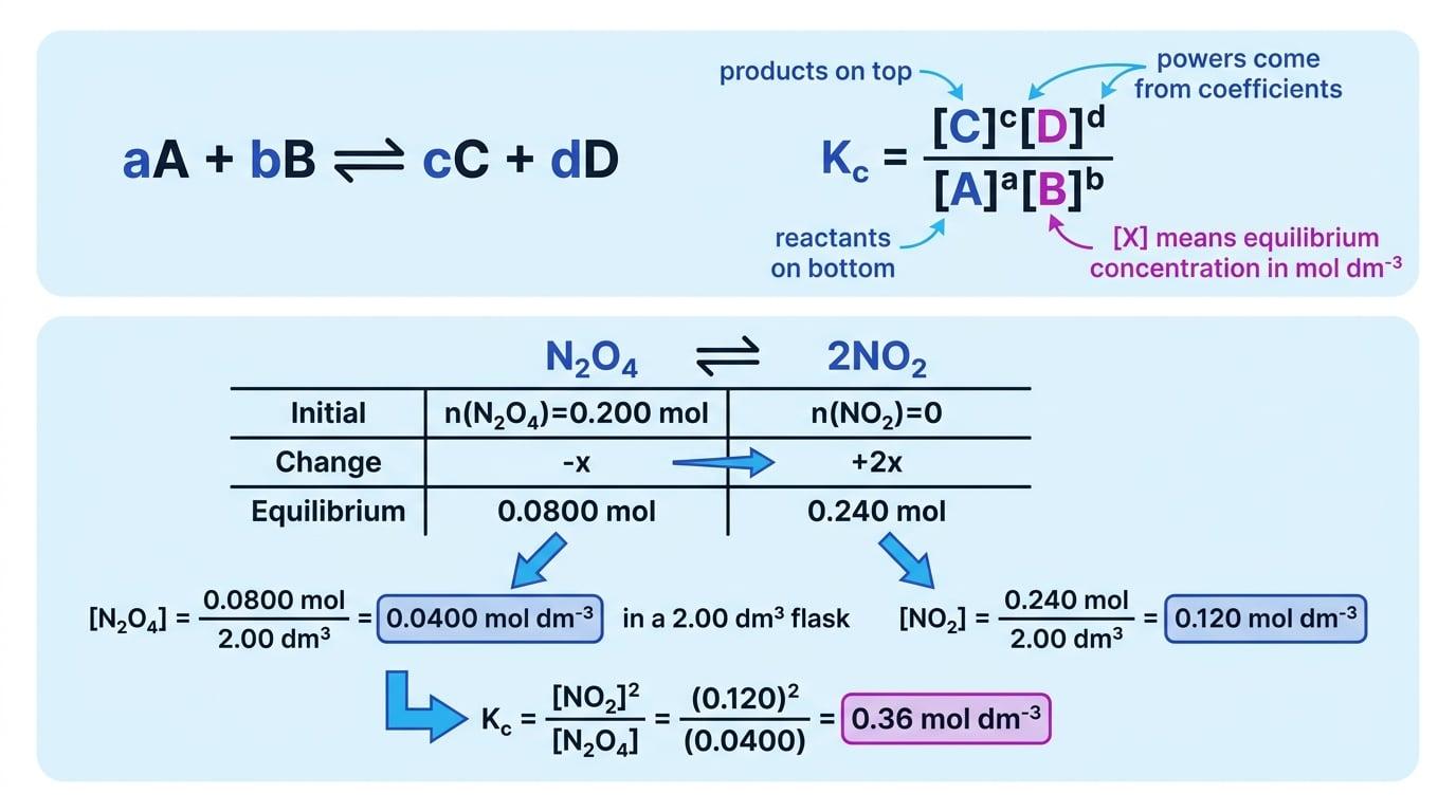 Flowchart linking a balanced homogeneous equilibrium to the Kc expression and an ICE-table calculation for N2O4 and NO2