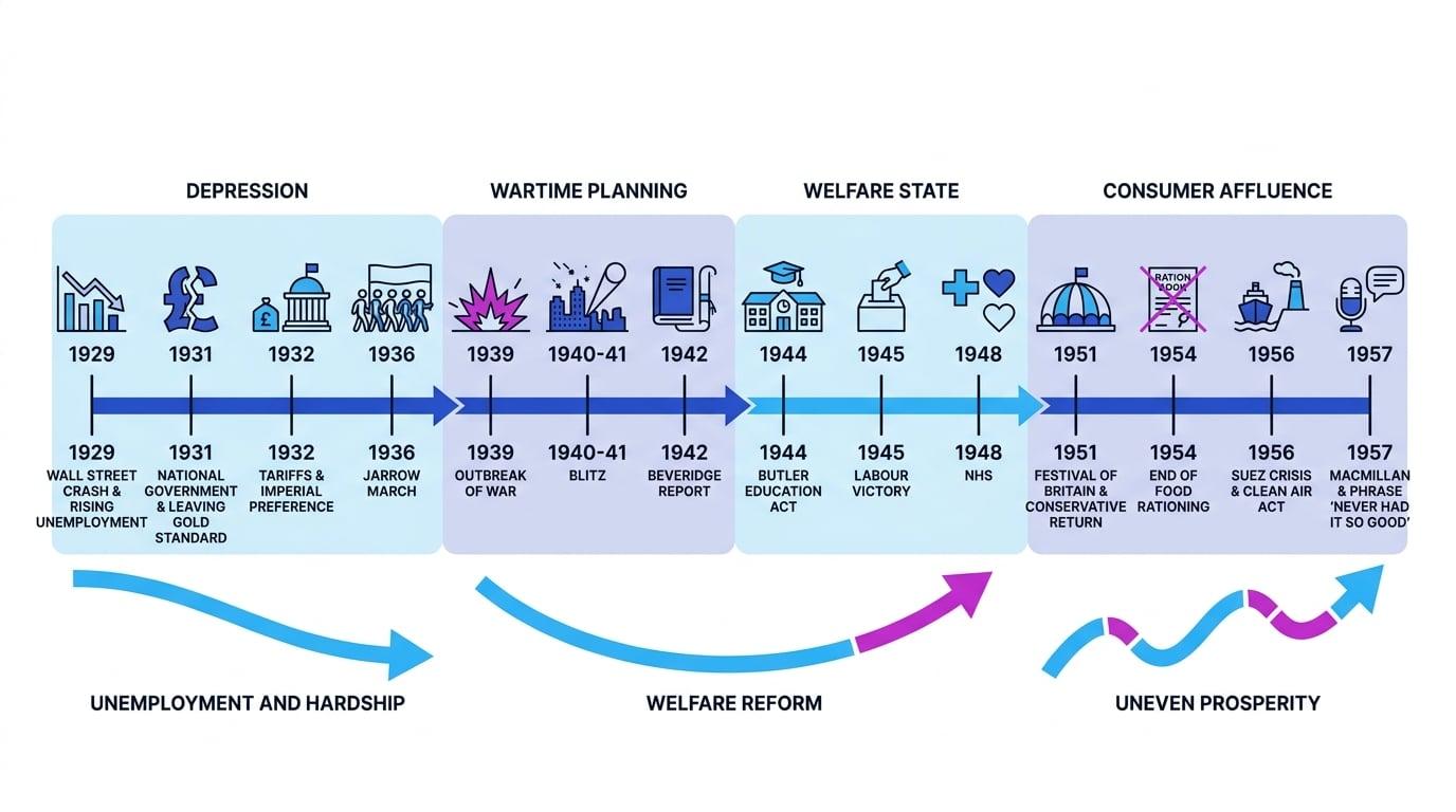 Timeline of Britain's move from Depression hardship through wartime planning and welfare reform to uneven prosperity by 1957