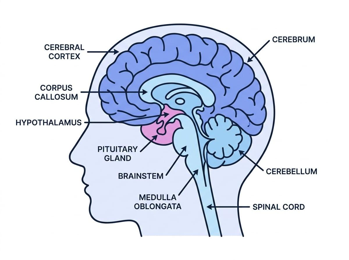 Sagittal section of the human brain labelled with cerebrum, cerebral cortex, corpus callosum, hypothalamus, pituitary gland, cerebellum, brainstem, medulla oblongata and spinal cord