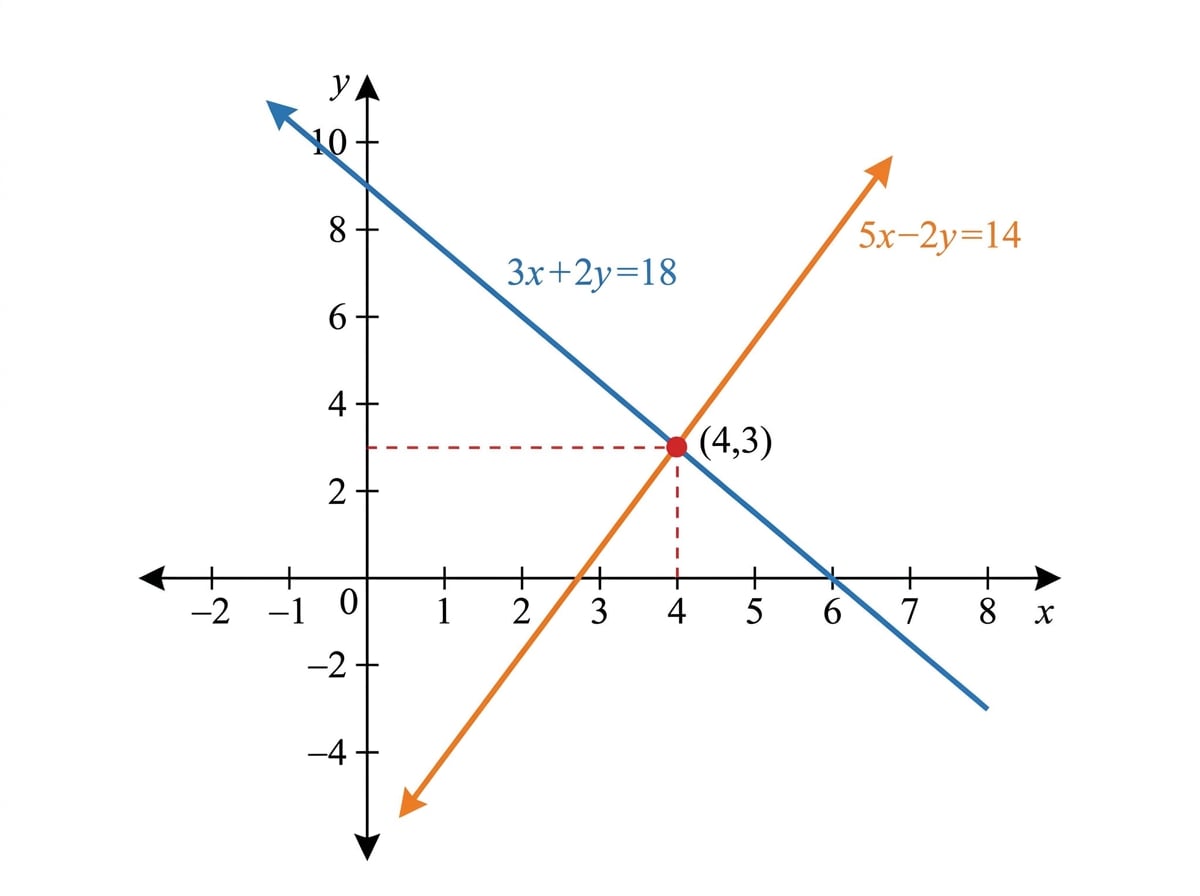Graph of the lines 3x+2y=18 and 5x-2y=14 intersecting at (4,3) with axes labelled
