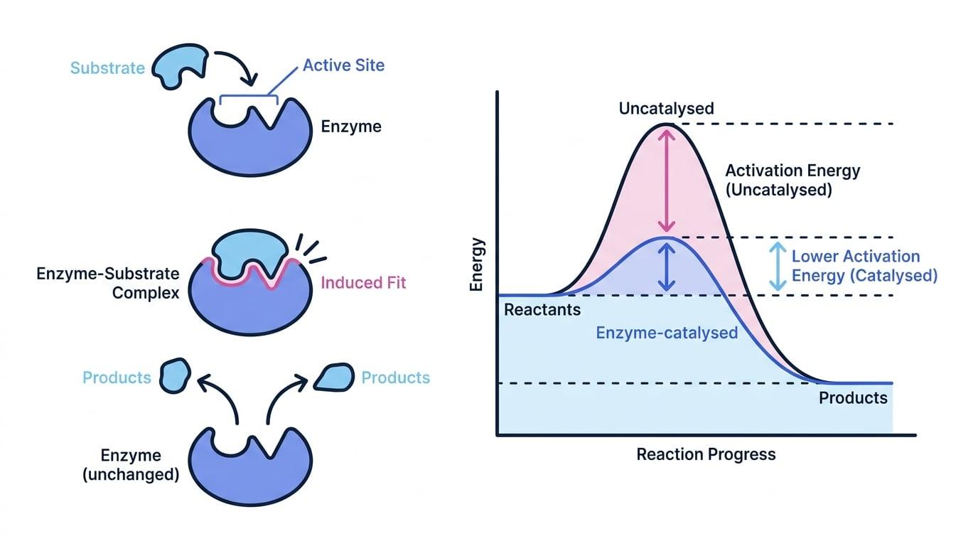 Induced-fit model showing substrate binding and a reaction energy profile with lower activation energy for an enzyme-catalysed reaction
