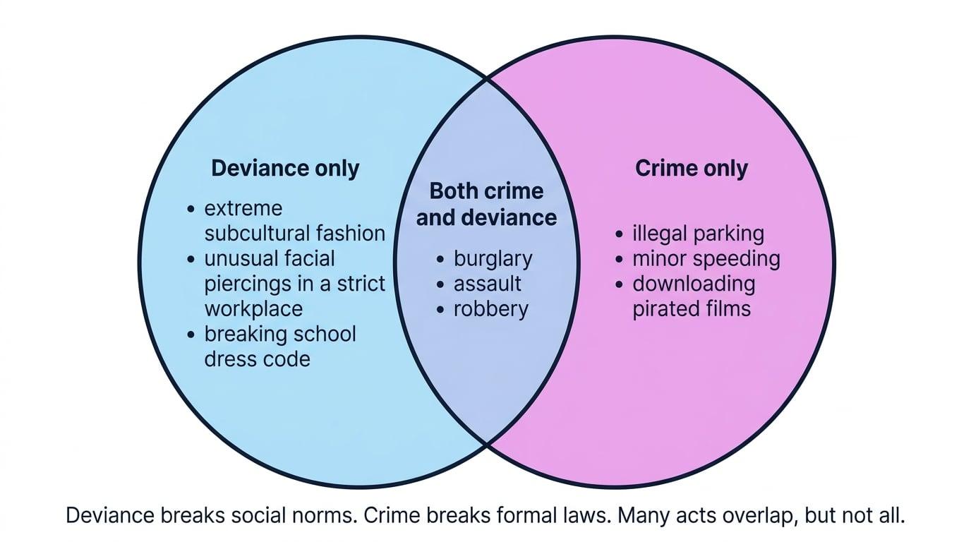 Venn diagram comparing deviance only, crime only, and acts that are both such as burglary