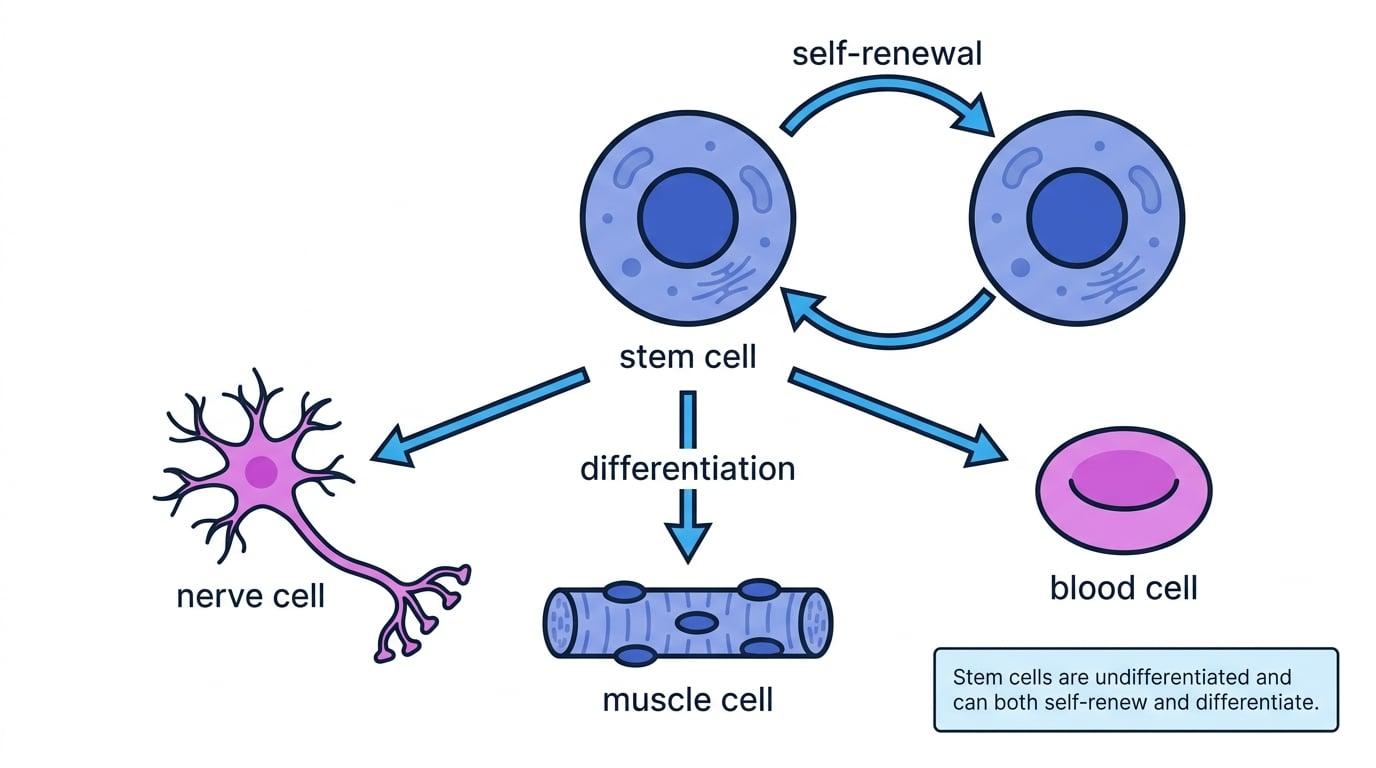 Stem cell diagram showing self-renewal to another stem cell and differentiation into nerve, muscle, and blood cells