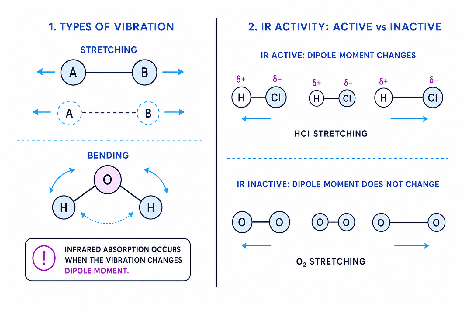 Molecular vibrations showing stretching and bending, plus IR-active HCl stretching and IR-inactive O_2 stretching