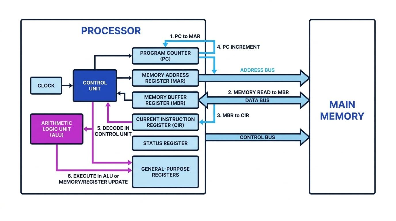 Labelled processor diagram showing ALU, control unit, clock, registers, buses, main memory and arrows for the fetch-decode-execute cycle
