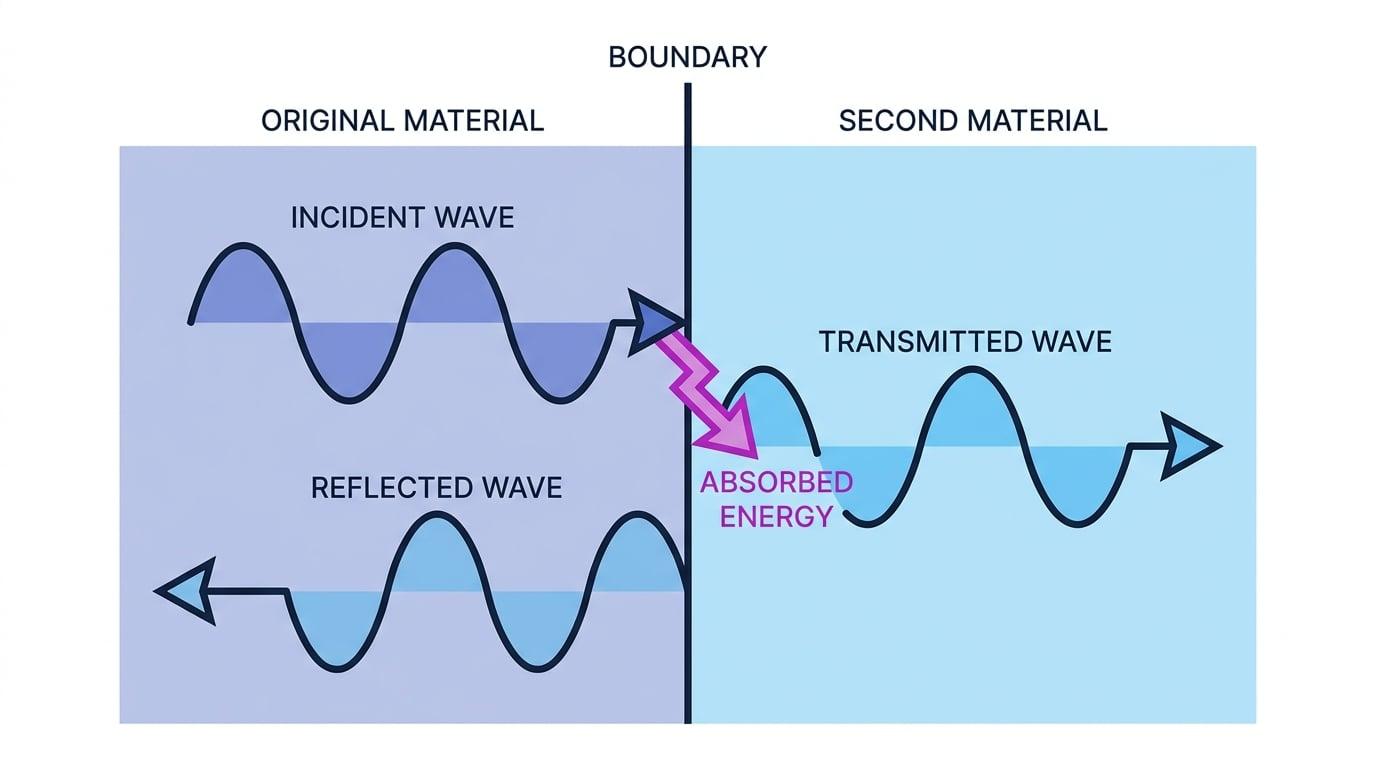A wave meeting a boundary between two materials, with incident, reflected and transmitted waves labelled and some energy absorbed by the boundary