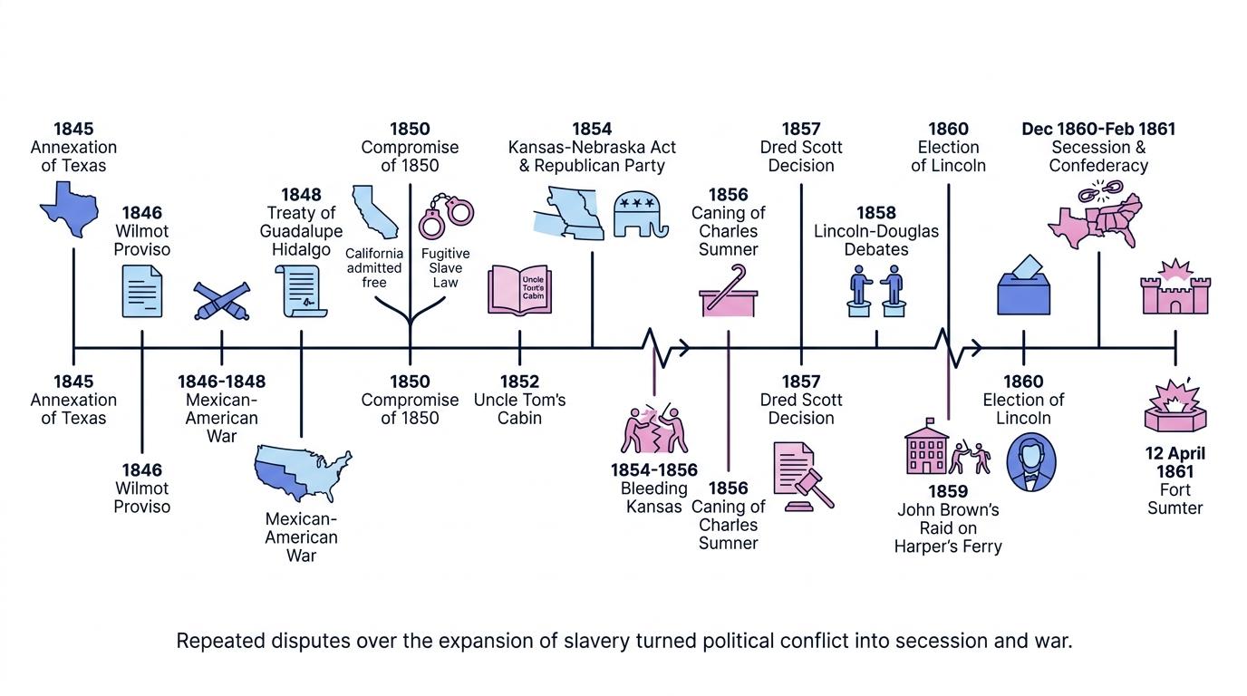 Timeline of key events from annexation of Texas in 1845 to Fort Sumter in April 1861
