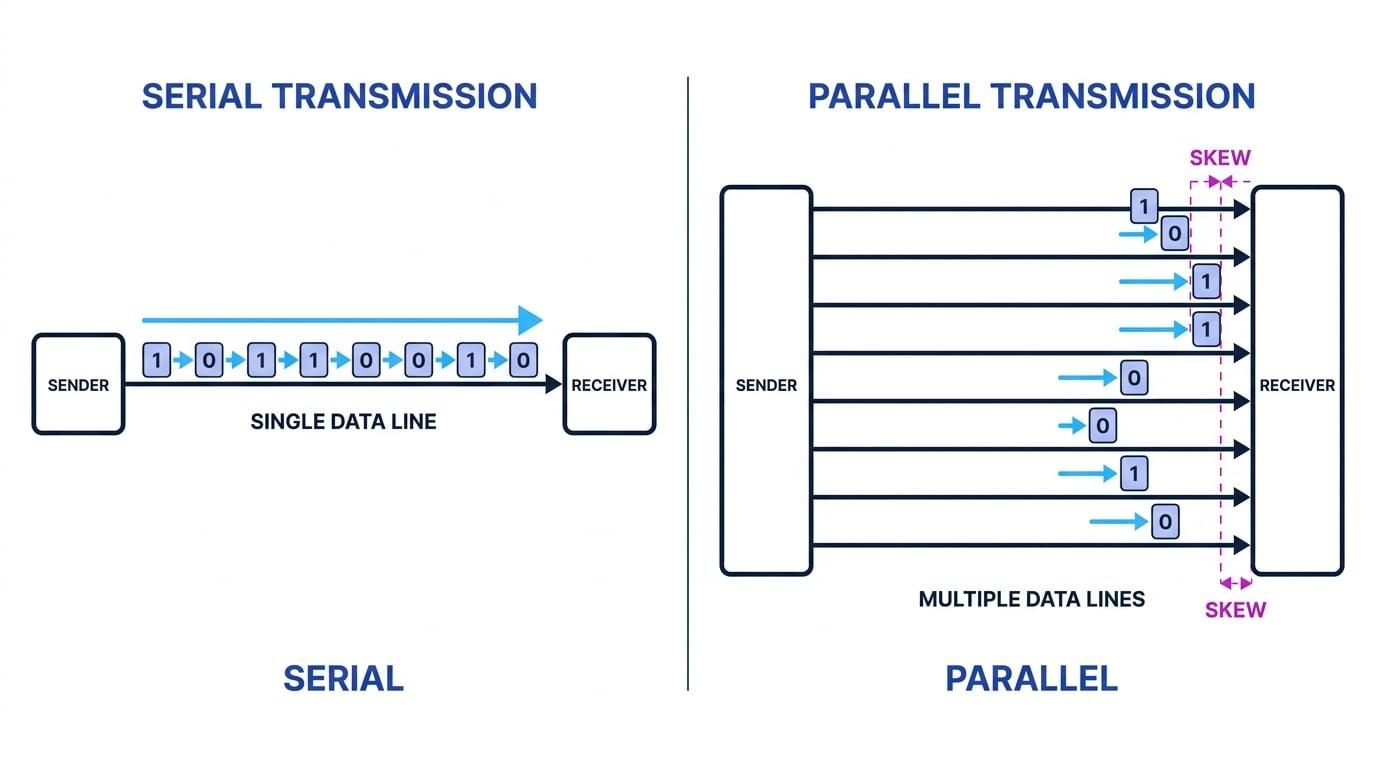 Comparison of serial transmission on one data line and parallel transmission on eight data lines with skew at the receiver