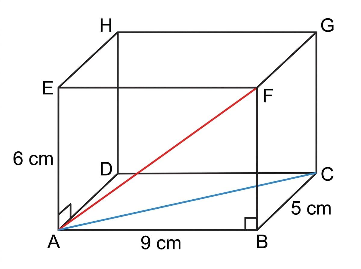 Cuboid with base diagonal AC and space diagonal AG labelled, dimensions 9 cm, 5 cm and 6 cm