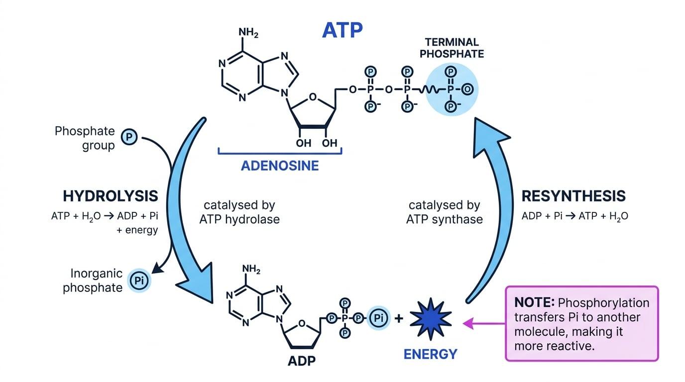 Labelled ATP molecule and cycle showing adenine, ribose, three phosphate groups, hydrolysis to ADP and inorganic phosphate, and resynthesis to ATP