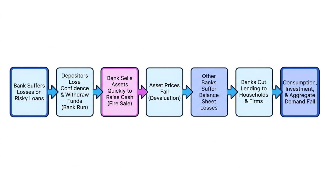Flowchart showing losses at a bank leading to a bank run, fire sales, weaker balance sheets, lower lending and lower aggregate demand