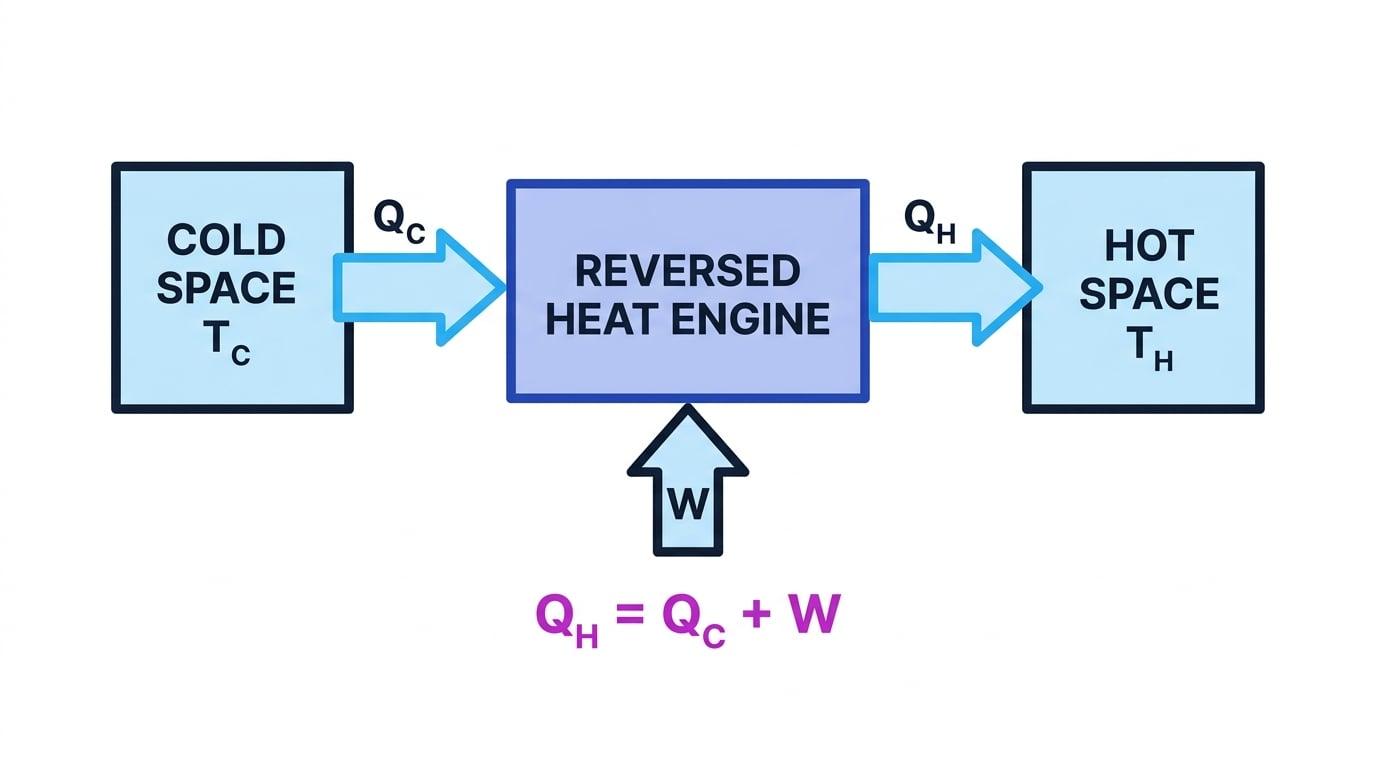 Block diagram of a reversed heat engine showing heat extracted from a cold space, work input, and heat delivered to a hot space