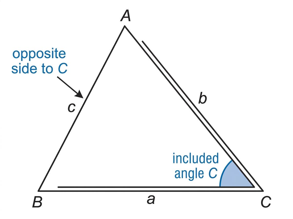 Triangle labeled A, B and C with sides a, b and c, angle C highlighted as the included angle and side c shown opposite