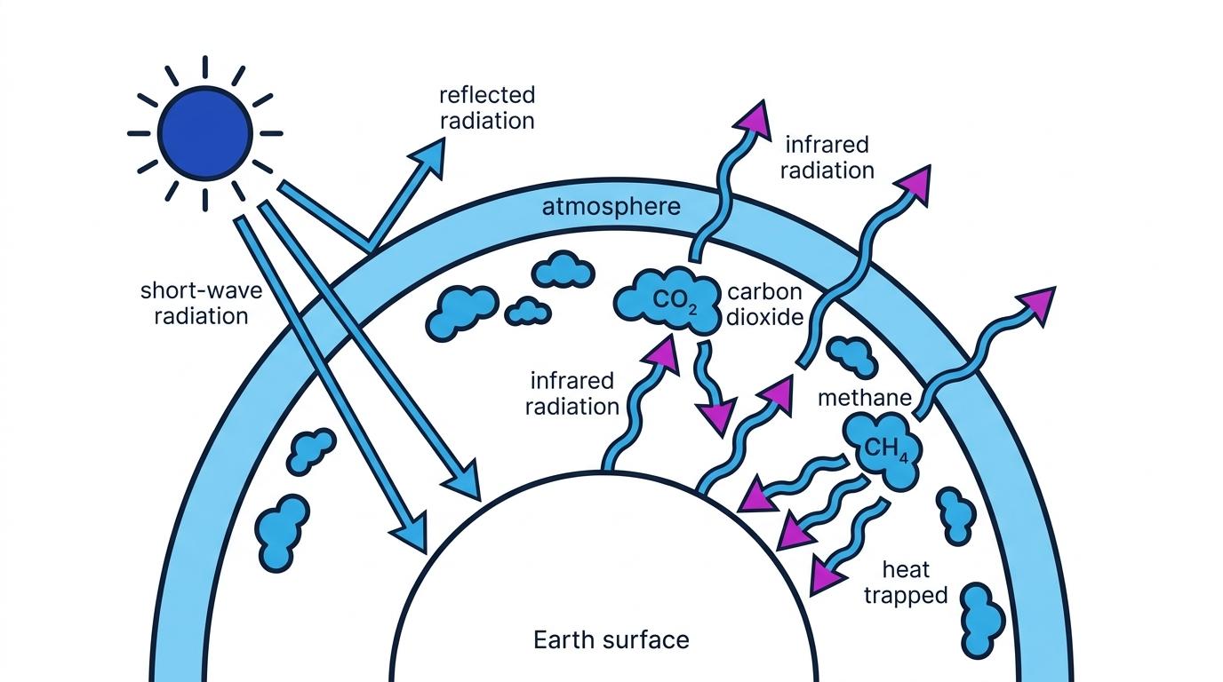 Enhanced greenhouse effect diagram showing incoming short-wave radiation, reflected radiation, infrared radiation, and carbon dioxide and methane trapping heat in the atmosphere