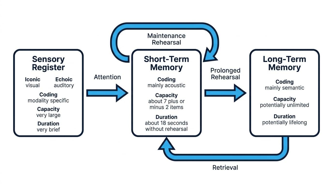 Flowchart of the multi-store model showing sensory register, short-term memory and long-term memory with attention, rehearsal and retrieval labelled