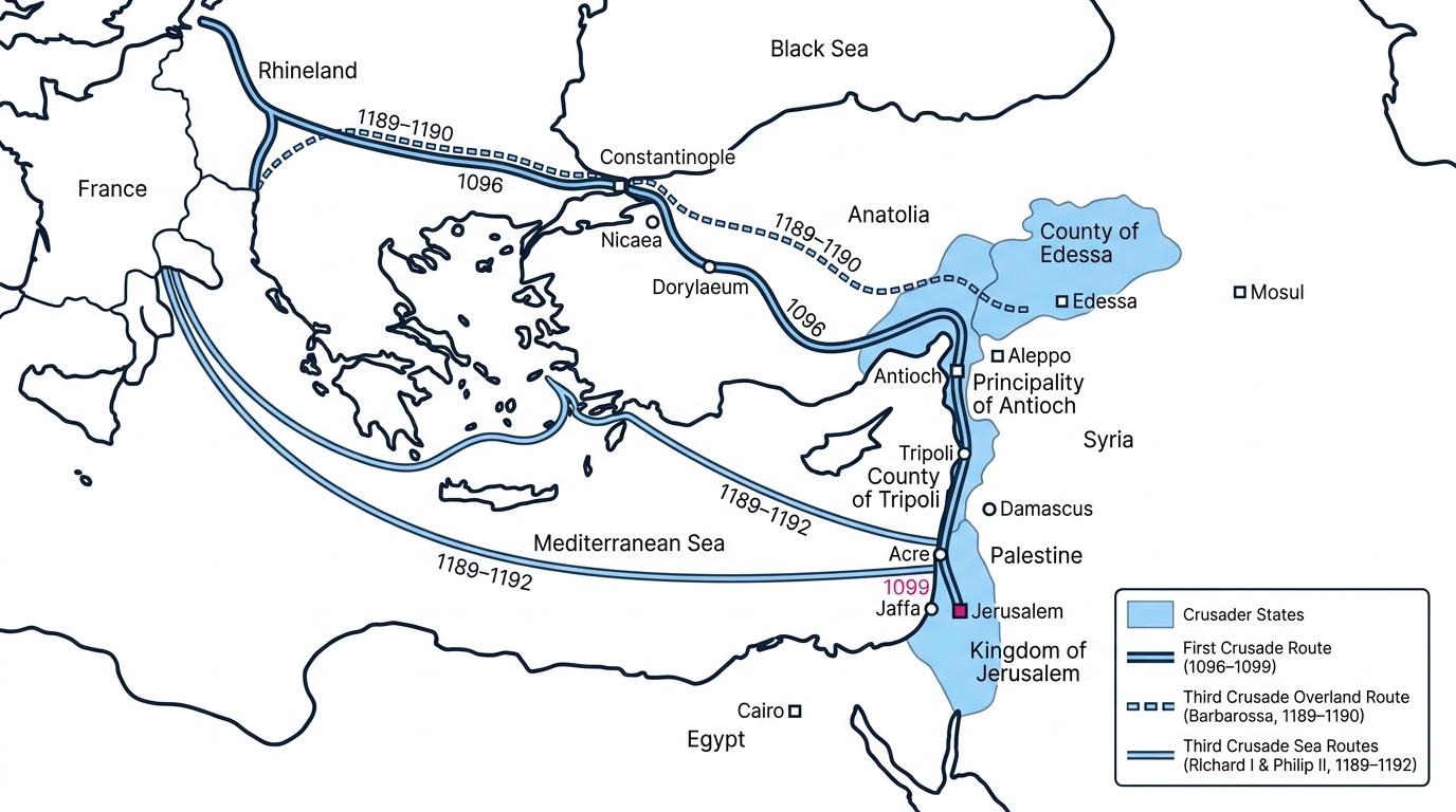 Map of the eastern Mediterranean showing the routes of the First and Third Crusades, the four Crusader States, and key cities from Constantinople to Jerusalem