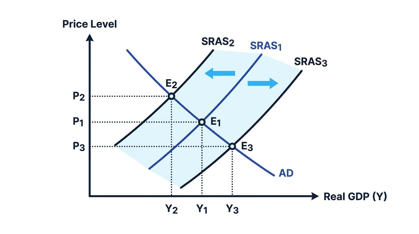 AD/AS diagram showing SRAS shifting left and right with effects on price level and real GDP