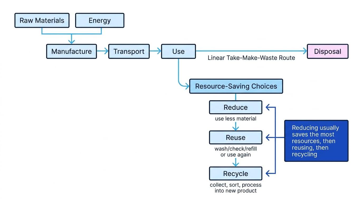 Flowchart showing raw materials and energy feeding manufacture, transport and use, with a linear route to disposal and a resource-saving branch of reduce, reuse and recycle