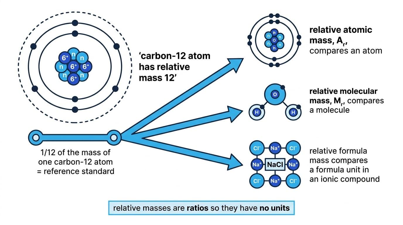 Reference diagram showing one twelfth of a carbon-12 atom mass as the standard for relative atomic mass, relative molecular mass and relative formula mass
