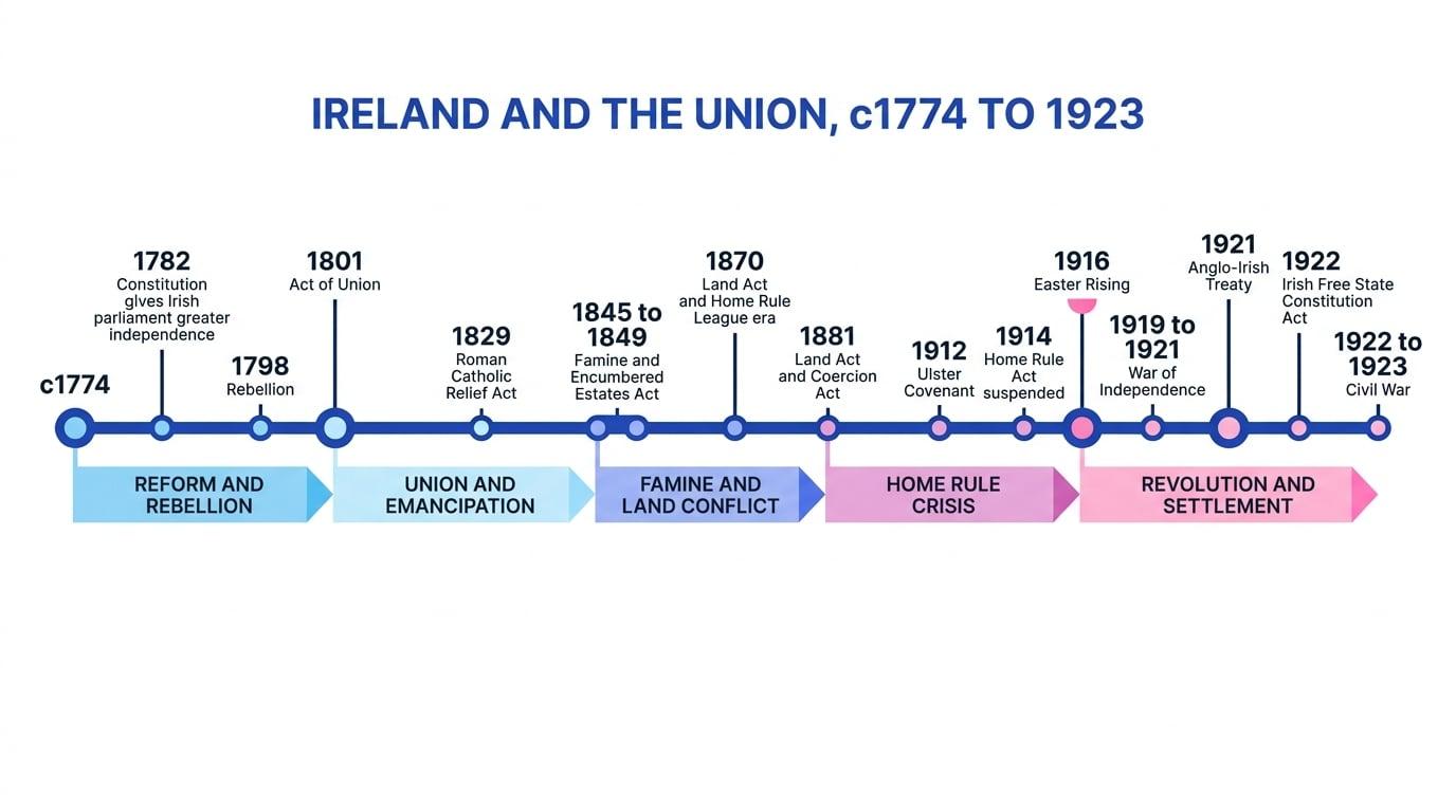 Annotated timeline of Ireland and the Union from c1774 to 1923 with major turning points labelled
