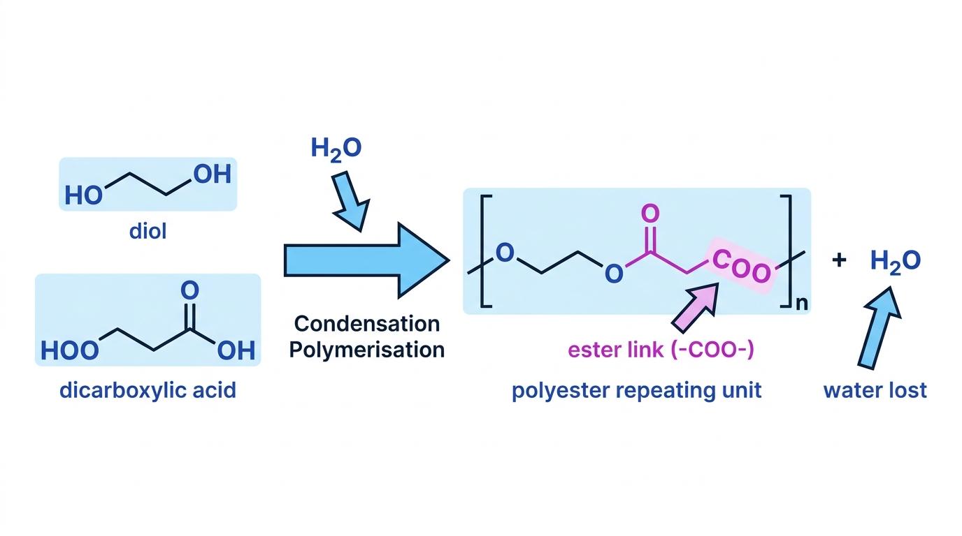 Reaction scheme showing a diol and a dicarboxylic acid joining to form a polyester repeating unit, with an ester link and water loss labelled