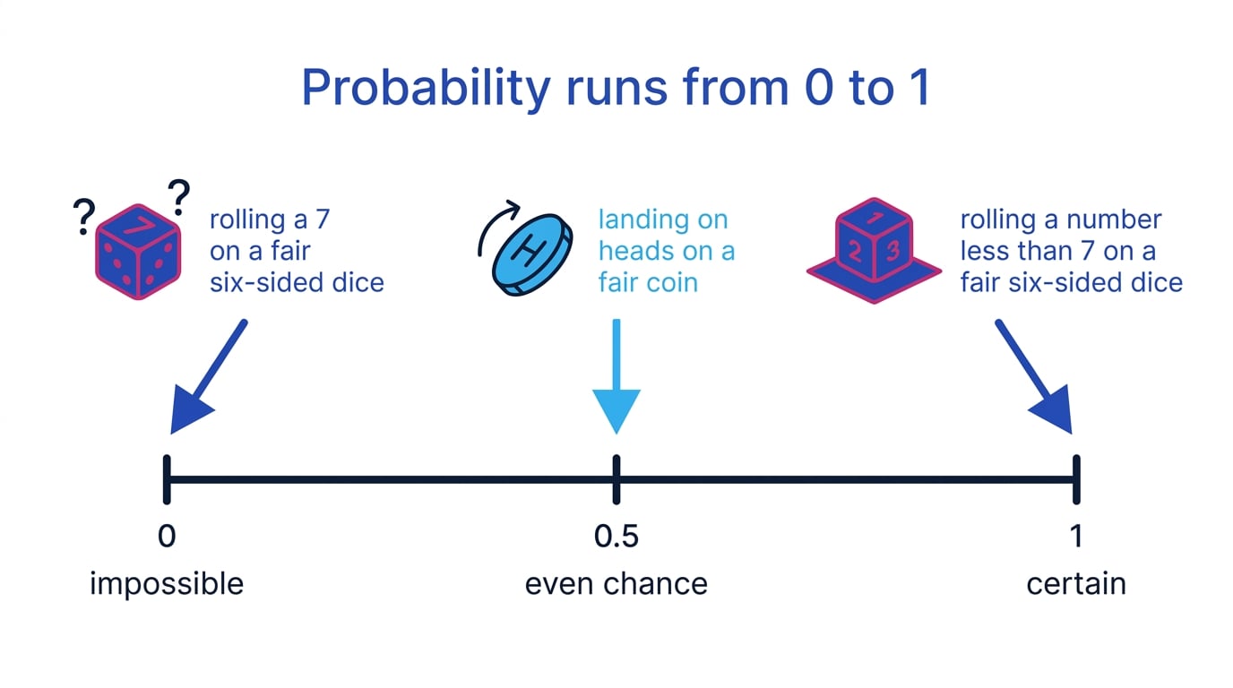 Probability scale from 0 to 1 marked impossible, even chance and certain, with example events rolling a 7 on a die, landing on heads, and rolling less than 7 on a die
