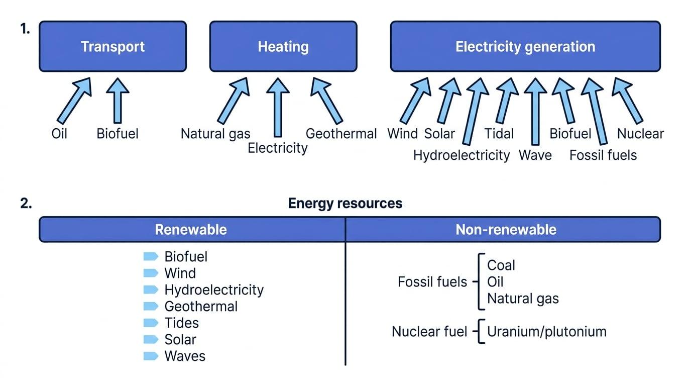Flowchart showing transport, heating, and electricity generation uses with example resources, and a chart splitting energy resources into renewable and non-renewable