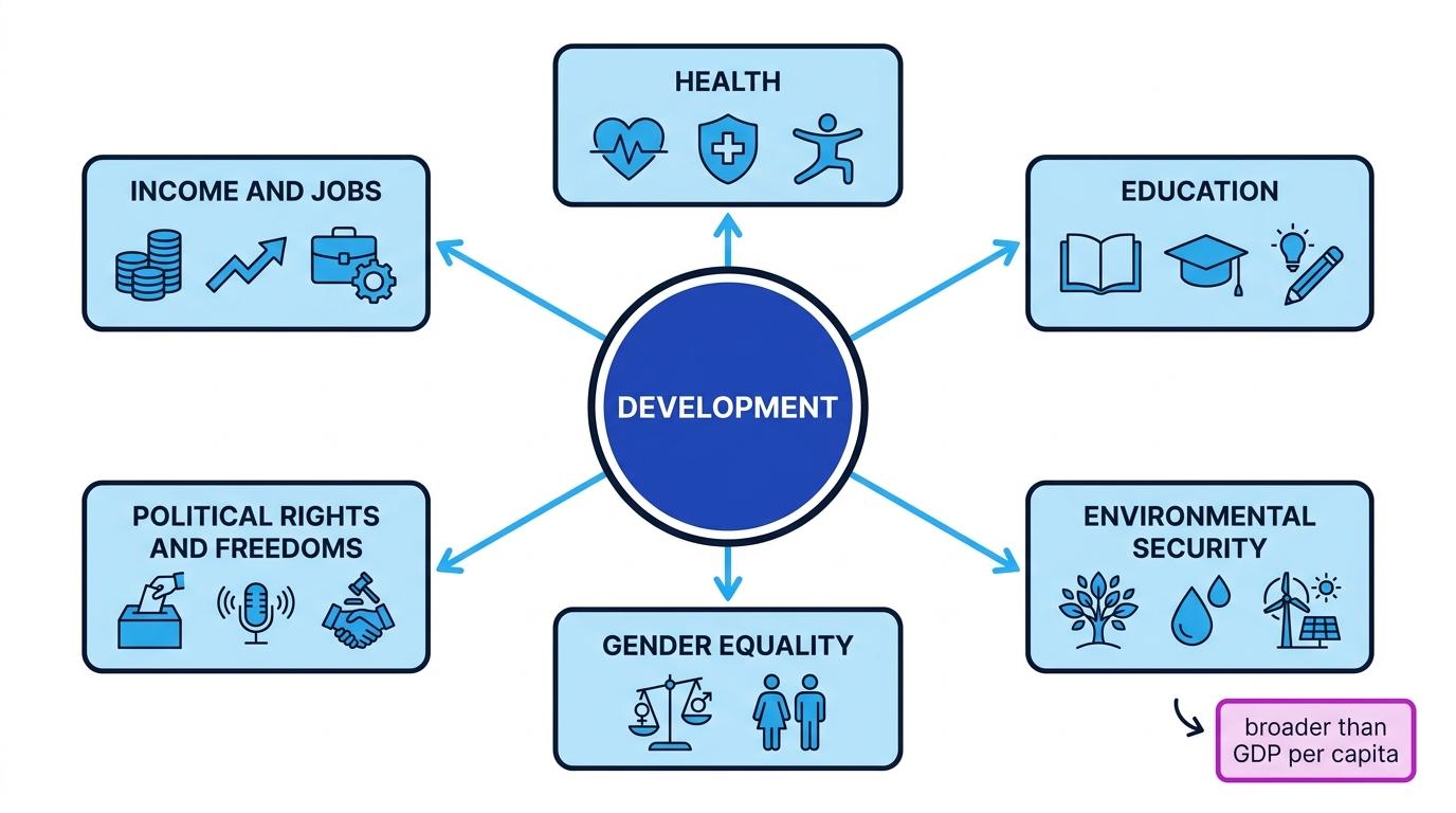 Concept map of development showing income and jobs, health, education, political rights and freedoms, gender equality, and environmental security around a central development label, with a note that development is broader than GDP per capita