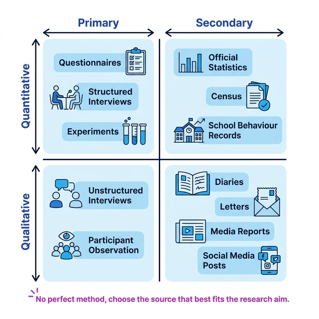 2 by 2 grid classifying sociology sources as primary or secondary and quantitative or qualitative, with examples in each quadrant