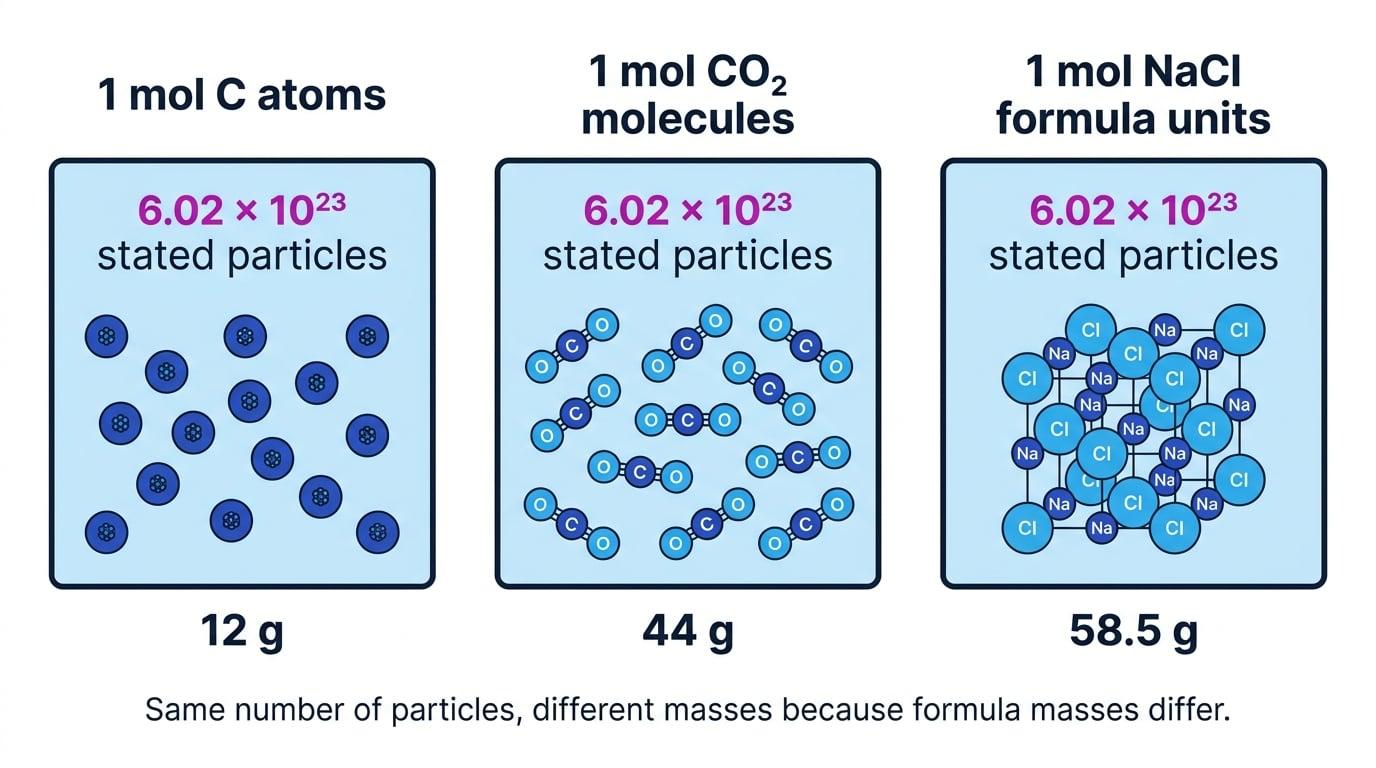 Comparison of 1 mol of carbon atoms, carbon dioxide molecules and sodium chloride formula units, each containing 6.02 \times 10^{23} particles but with masses 12 g, 44 g and 58.5 g