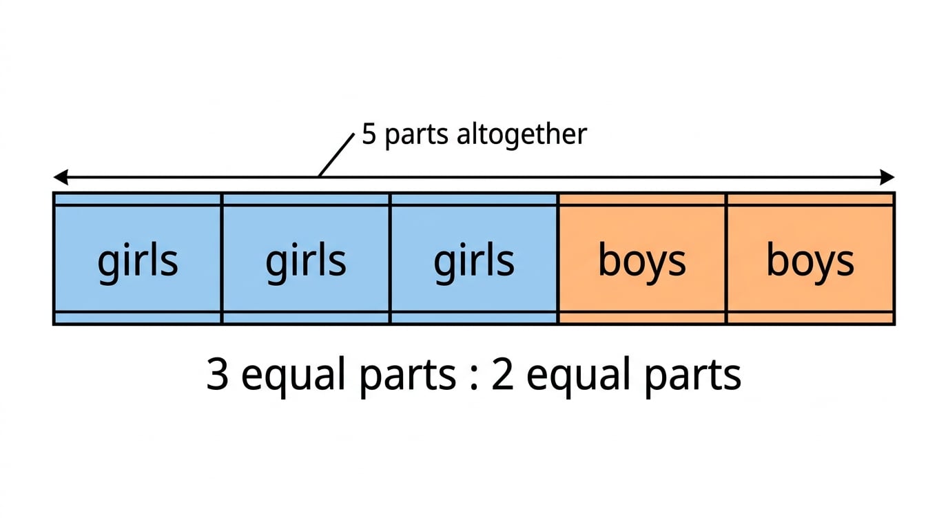 Bar model showing girls:boys = 3:2 as five equal boxes, three labelled girls and two labelled boys