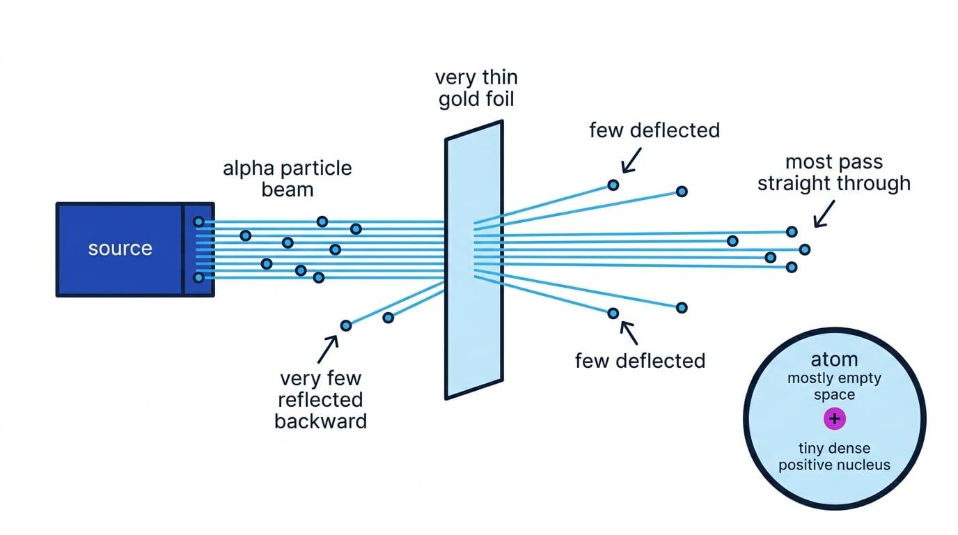 Rutherford alpha scattering experiment showing most alpha particles pass through thin gold foil, some are deflected, and a very few reflect backward