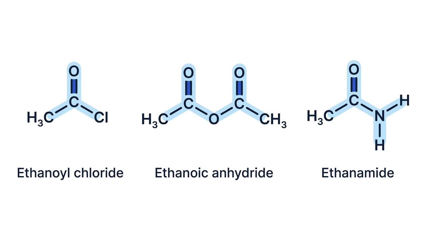 Structures of ethanoyl chloride, ethanoic anhydride, and ethanamide