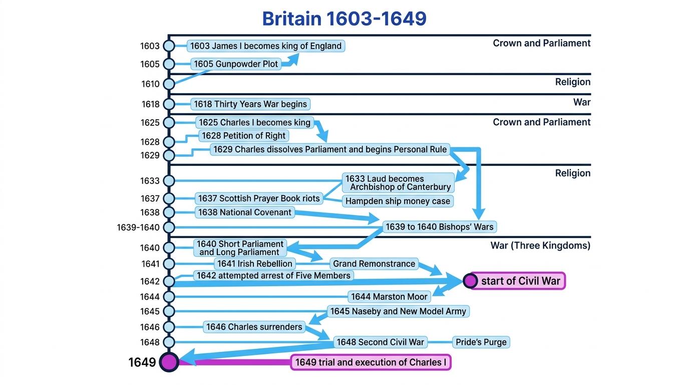 Timeline of Britain 1603 to 1649 showing Crown and Parliament, religion, and war events leading to civil war and regicide