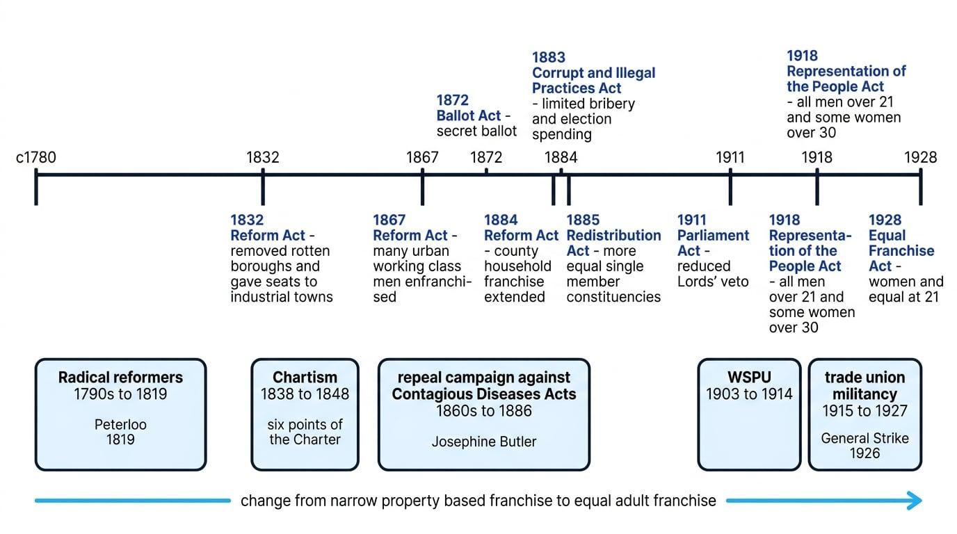 Annotated timeline showing protest movements and parliamentary reforms in Britain from c1780 to 1928, with change from a narrow property-based franchise to equal adult franchise
