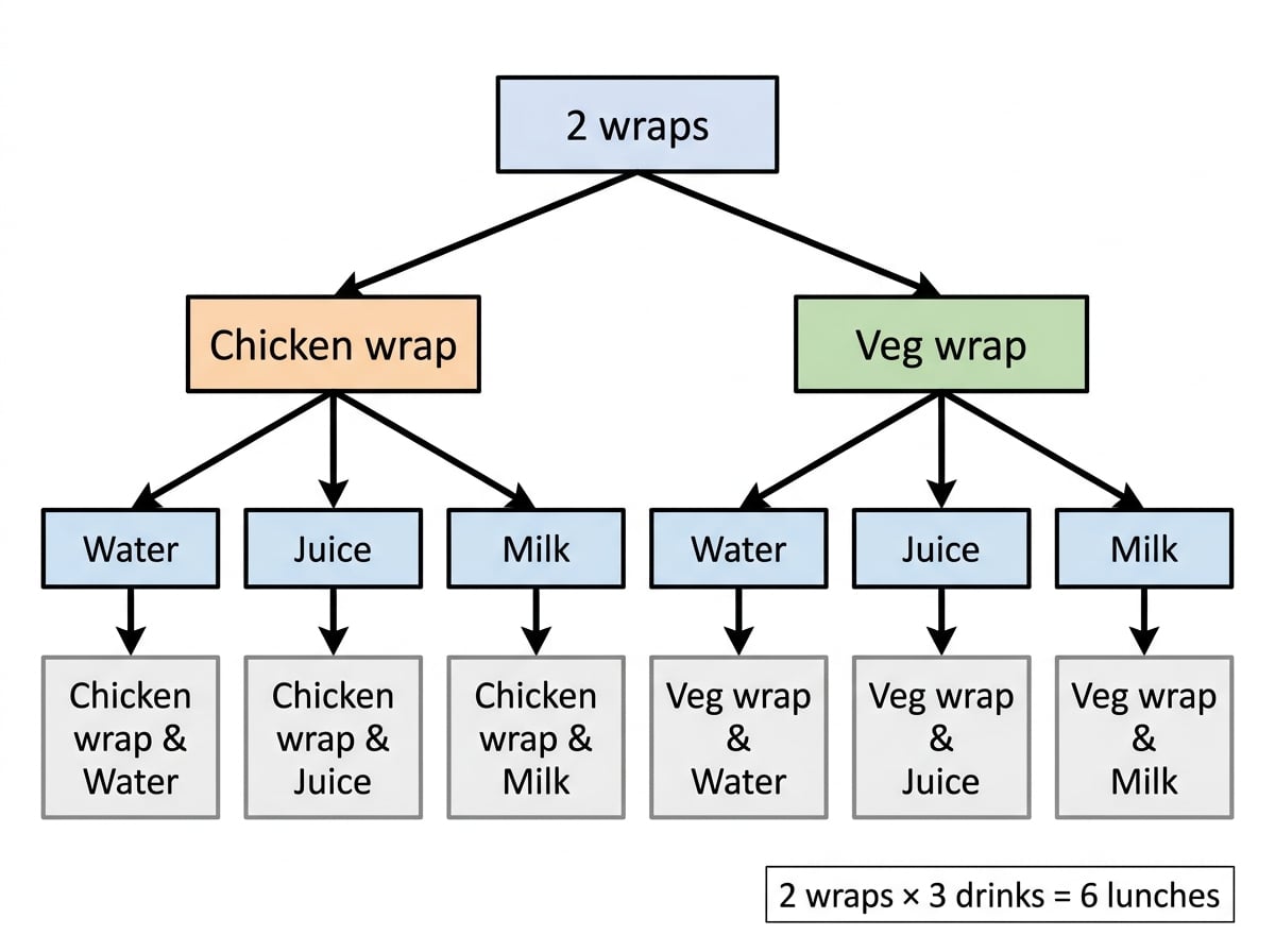 Tree diagram with two wraps branching to three drinks each, showing six complete lunch outcomes
