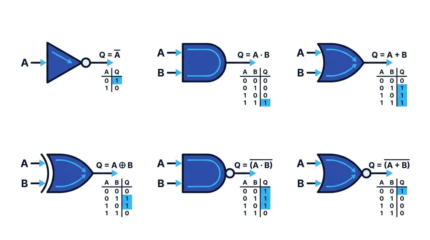 ANSI symbols for NOT, AND, OR, XOR, NAND and NOR gates with labels and mini truth tables