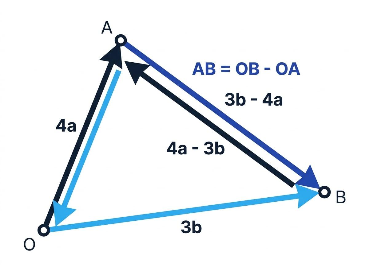 Triangle with origin O, position vectors OA equals 4a and OB equals 3b, with AB and BA labelled