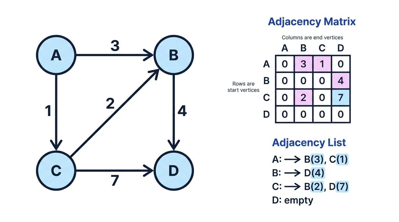 Directed weighted graph with vertices A, B, C and D shown alongside its adjacency matrix and adjacency list