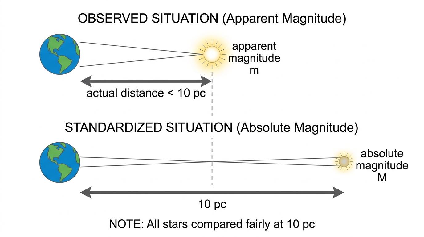 Schematic showing Earth, a star at its actual distance with apparent magnitude m, and the same star placed at the standard distance of 10 pc with absolute magnitude M