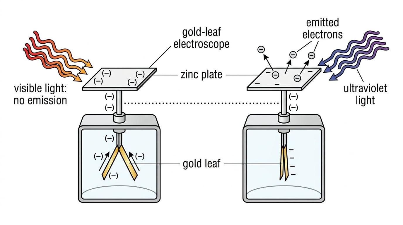 Gold-leaf electroscope with negatively charged zinc plate, visible light causing no emission and ultraviolet light ejecting electrons so the leaf falls