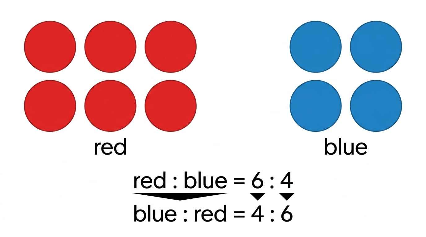 Counters diagram showing 6 red counters and 4 blue counters, with labels showing red to blue as 6:4 and blue to red as 4:6