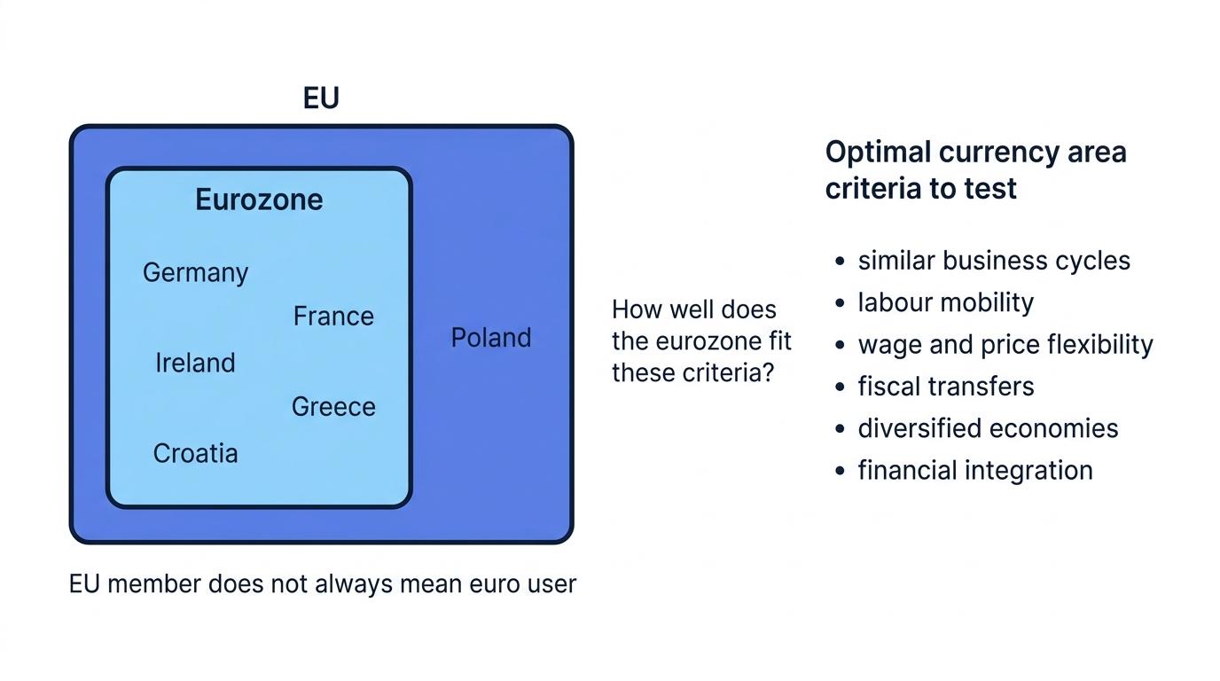 Schematic showing the EU as a wider group than the eurozone, with Poland inside the EU but outside the eurozone, and a list of optimal currency area criteria